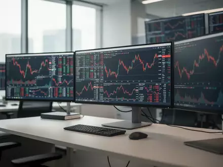 Ein moderner, leerer Arbeitsplatz in einem Finanzbüro mit verschwommenen Aktiencharts auf den Monitoren. - Foto: über boerse-global.de