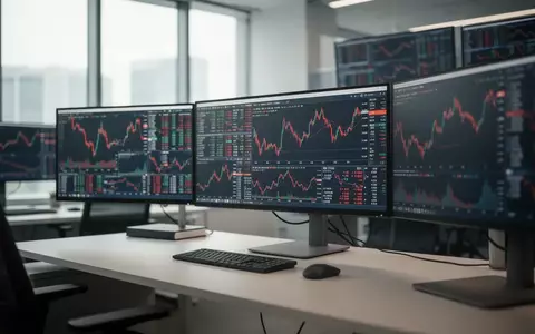 Ein moderner, leerer Arbeitsplatz in einem Finanzbüro mit verschwommenen Aktiencharts auf den Monitoren. - Foto: über boerse-global.de