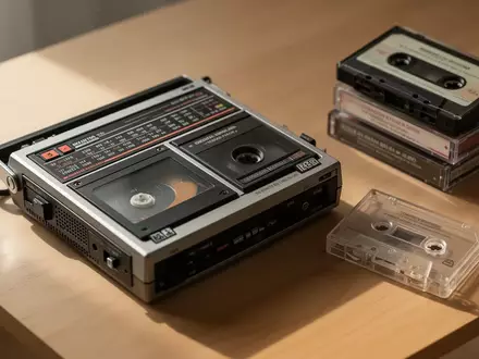 Ein klassischer tragbarer Kassettenrekorder aus den 1980er-Jahren liegt auf einer schlichten Holzoberfläche neben alten Audiokassetten. - Foto: über boerse-global.de