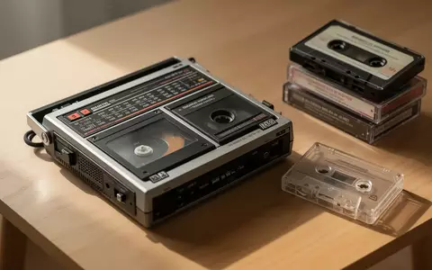 Ein klassischer tragbarer Kassettenrekorder aus den 1980er-Jahren liegt auf einer schlichten Holzoberfläche neben alten Audiokassetten. - Foto: über boerse-global.de