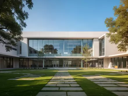 Modernes Schulgebäude mit Glasfassade und begrüntem Innenhof in ruhiger Umgebung. - Foto: über boerse-global.de
