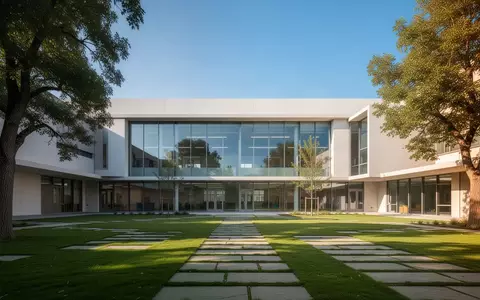 Modernes Schulgebäude mit Glasfassade und begrüntem Innenhof in ruhiger Umgebung. - Foto: über boerse-global.de