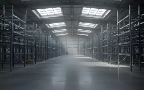 Leere, weitläufige Lagerhalle mit hohen Regalsystemen und reflektierendem Betonboden. - Foto: über boerse-global.de