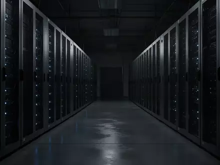 Dunkler Serverraum mit Reihen von Metall-Server-Racks und schwachen blauen Statusleuchten in einer industriellen Umgebung. - Foto: über boerse-global.de