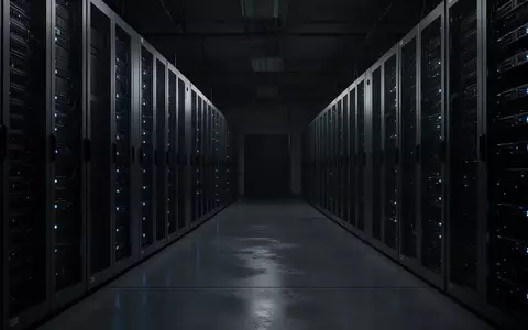 Dunkler Serverraum mit Reihen von Metall-Server-Racks und schwachen blauen Statusleuchten in einer industriellen Umgebung. - Foto: über boerse-global.de