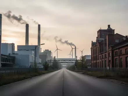 Industrielle Landschaft mit Fabrikgebäuden und Windrädern im Morgengrauen als Symbol für die wirtschaftliche Entwicklung. - Foto: über boerse-global.de