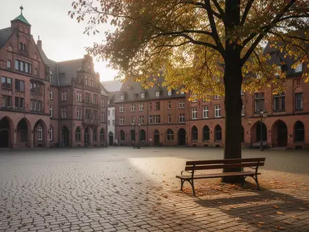 Ein ruhiger, sonniger Marktplatz in einer deutschen Kleinstadt mit Kopfsteinpflaster und einer leeren Holzbank. - Foto: über boerse-global.de