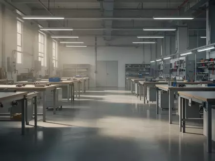 Ein leerer, aufgeräumter Werkstattraum mit minimalistischen Werkbänken in einer Industriehalle bei natürlichem Lichteinfall. - Foto: über boerse-global.de