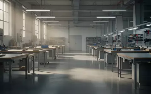 Ein leerer, aufgeräumter Werkstattraum mit minimalistischen Werkbänken in einer Industriehalle bei natürlichem Lichteinfall. - Foto: über boerse-global.de