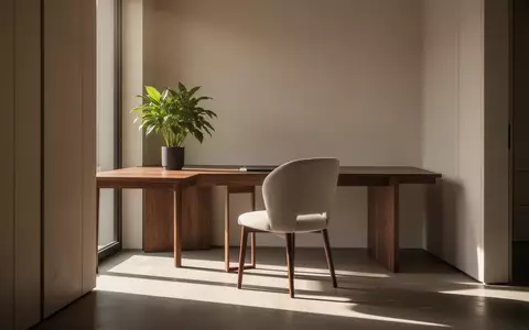 Ein minimalistisch eingerichteter, sonnendurchfluteter Arbeitsbereich mit einem leeren Stuhl und einer Zimmerpflanze. - Foto: über boerse-global.de