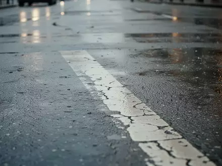 Nahaufnahme einer grauen Asphaltstraße mit einer verblassten weißen Fahrbahnmarkierung bei diffusem Tageslicht. - Foto: über boerse-global.de