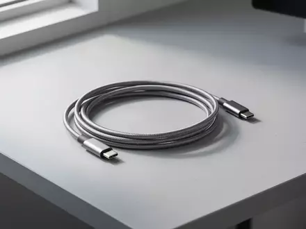Ein hochwertiges USB-C-Datenkabel, das ordentlich zusammengerollt auf einem hellen, strukturierten Schreibtisch liegt. - Foto: über boerse-global.de