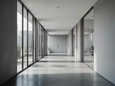 Ein minimalistischer, leerer Büroflur mit polierten Betonböden und hellem Tageslicht, das durch große Fenster einfällt. - Foto: über boerse-global.de