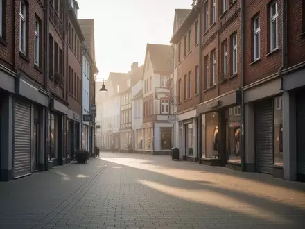 Leere, ruhige Straße vor einer Häuserzeile mit geschlossenen Ladenfronten bei Tageslicht. - Foto: über boerse-global.de
