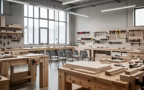 Ein heller, moderner Arbeitsraum mit Werkbänken und Stühlen, der eine professionelle Lernumgebung für die Ausbildung darstellt. - Foto: über boerse-global.de