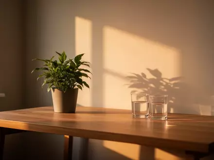 Ein minimalistischer Arbeitsbereich in warmem Sonnenlicht mit einer Pflanze und einem Glas Wasser auf einem Holztisch. - Foto: über boerse-global.de