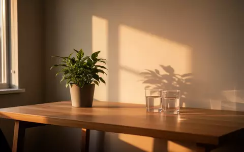 Ein minimalistischer Arbeitsbereich in warmem Sonnenlicht mit einer Pflanze und einem Glas Wasser auf einem Holztisch. - Foto: über boerse-global.de