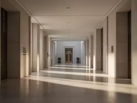 Ein leerer, minimalistischer Flur in einem öffentlichen Gebäude mit klaren architektonischen Linien und natürlichem Lichteinfall. - Foto: über boerse-global.de