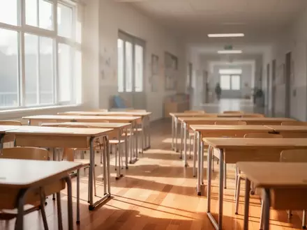 Ein heller, moderner Klassenraum mit leeren Holztischen und einfallendem Tageslicht. - Foto: über boerse-global.de
