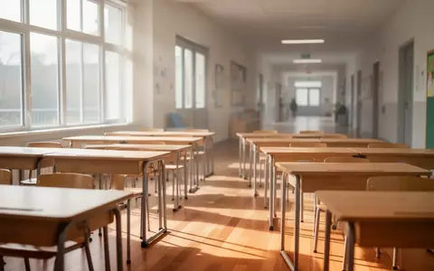 Ein heller, moderner Klassenraum mit leeren Holztischen und einfallendem Tageslicht. - Foto: über boerse-global.de