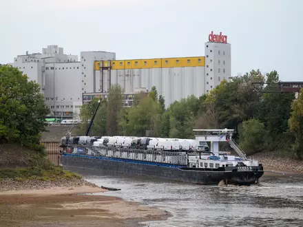 Viel Schiff, wenig Wasser: Dieses Frachtschiff hatte sich auf einer Sandbank im Düsseldorfer Hafen festgefahren.  - Foto: Christoph Reichwein/dpa