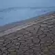 Wo sonst Wasser oder zumindest Schlamm ist, ist es derzeit knochentrocken im Düsseldorfer Hafen.  - Bild: Christoph Reichwein/dpa