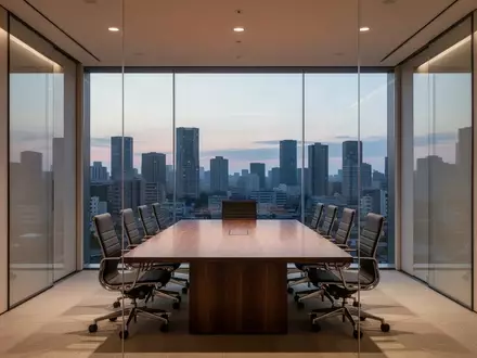 Modernes, leeres Konferenzzimmer in einem japanischen Bürogebäude mit Blick auf die Stadt bei Dämmerung. - Foto: über boerse-global.de