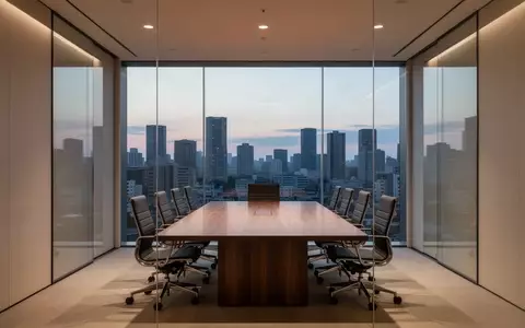 Modernes, leeres Konferenzzimmer in einem japanischen Bürogebäude mit Blick auf die Stadt bei Dämmerung. - Foto: über boerse-global.de