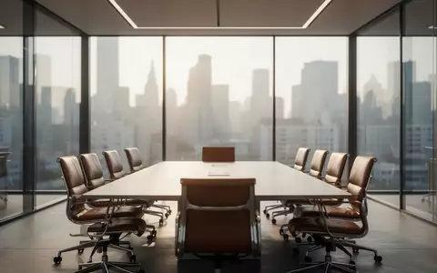 Ein leerer, moderner Konferenzraum in einem Bürogebäude mit natürlichem Lichteinfall und Blick auf eine Skyline. - Foto: über boerse-global.de