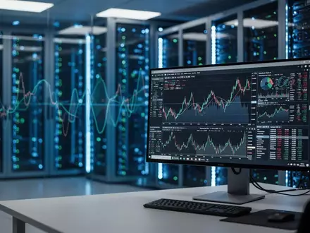 Moderne Serveranlage in einem Rechenzentrum mit verschwommenen Datenvisualisierungen auf einem Monitor im Vordergrund. - Foto: über boerse-global.de