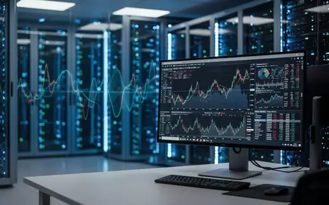 Moderne Serveranlage in einem Rechenzentrum mit verschwommenen Datenvisualisierungen auf einem Monitor im Vordergrund. - Foto: über boerse-global.de