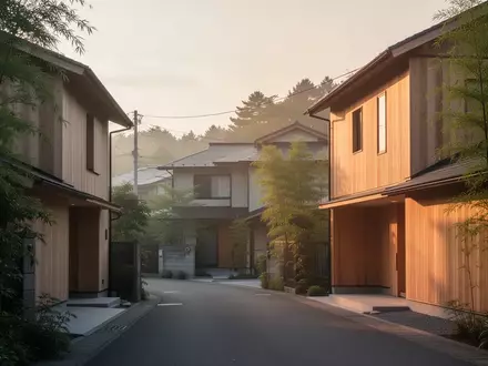 Eine ruhige, japanische Wohnstraße in der Morgendämmerung mit modernen Holzhäusern und viel Grün. - Foto: über boerse-global.de