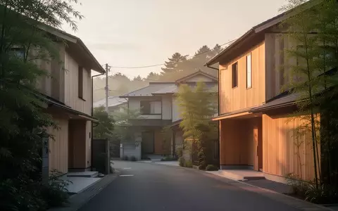 Eine ruhige, japanische Wohnstraße in der Morgendämmerung mit modernen Holzhäusern und viel Grün. - Foto: über boerse-global.de