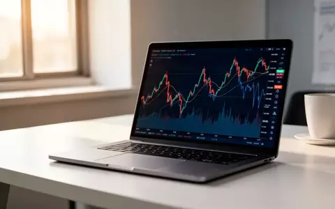 Ein moderner Schreibtisch mit einem Laptop, der abstrakte Markttrends anzeigt, in einer ruhigen, professionellen Umgebung. - Foto: über boerse-global.de