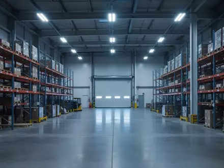 Ein modernes, leeres Logistikzentrum mit hohen Regalen und einer sauberen Betonhalle bei Dämmerung. - Foto: über boerse-global.de