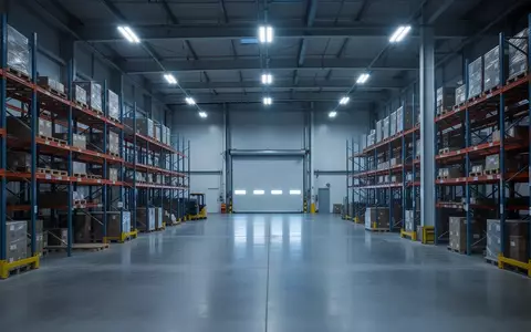 Ein modernes, leeres Logistikzentrum mit hohen Regalen und einer sauberen Betonhalle bei Dämmerung. - Foto: über boerse-global.de