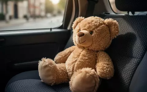 Ein weicher Stoffteddybär auf einem dunklen Autositz in einem Polizeifahrzeug. - Foto: über boerse-global.de
