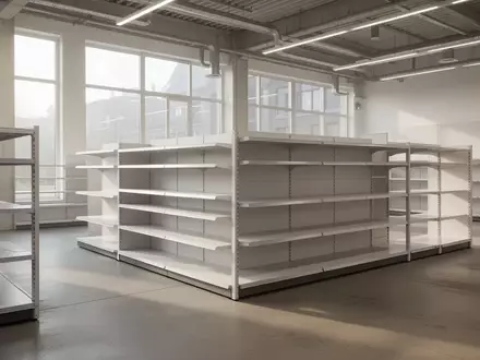 Leeres, helles Ladenlokal mit minimalistischen Regalen und Tageslichteinfall in Mecklenburg-Vorpommern. - Foto: über boerse-global.de
