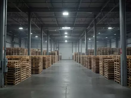 Leere Industrielagerhalle mit aufgestapelten Holzpaletten und Betonboden in einer großen Logistikanlage. - Foto: über boerse-global.de