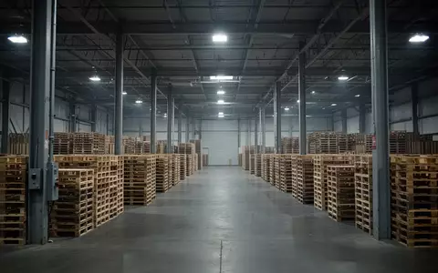 Leere Industrielagerhalle mit aufgestapelten Holzpaletten und Betonboden in einer großen Logistikanlage. - Foto: über boerse-global.de