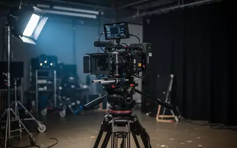 Professionelle Filmkamera auf einem Stativ in einem abgedunkelten Filmstudio mit Kinobeleuchtung. - Foto: über boerse-global.de