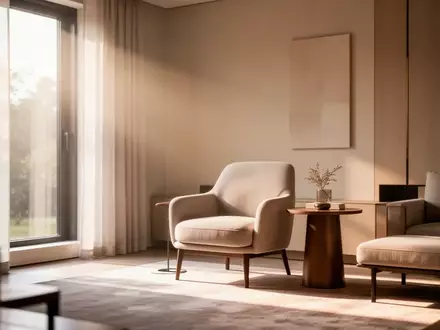 Ein helles, modern eingerichtetes Wohnzimmer mit einem Sessel und einem Beistelltisch in einer ruhigen, privaten Wohnumgebung. - Foto: über boerse-global.de