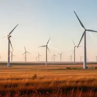 Windkraftanlagen in einer weiten, sonnenbeschienenen Graslandschaft bei Sonnenaufgang. - Foto: über boerse-global.de