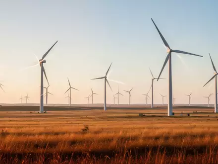 Windkraftanlagen in einer weiten, sonnenbeschienenen Graslandschaft bei Sonnenaufgang. - Foto: über boerse-global.de