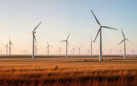 Windkraftanlagen in einer weiten, sonnenbeschienenen Graslandschaft bei Sonnenaufgang. - Foto: über boerse-global.de