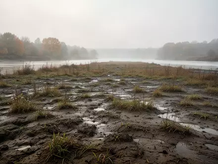 Ein leeres, feuchtes Feld am Ufer eines Flusses an einem trüben Herbstmorgen. - Foto: über boerse-global.de