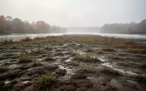 Ein leeres, feuchtes Feld am Ufer eines Flusses an einem trüben Herbstmorgen. - Foto: über boerse-global.de
