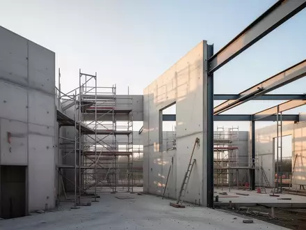 Rohbau eines modernen Gebäudes auf einer Baustelle in Hessen bei Tageslicht. - Foto: über boerse-global.de