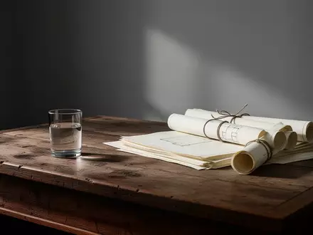 Leerer Schreibtisch mit zusammengerollten Bauplänen in einem schlichten Bürogebäude. - Foto: über boerse-global.de