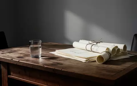 Leerer Schreibtisch mit zusammengerollten Bauplänen in einem schlichten Bürogebäude. - Foto: über boerse-global.de